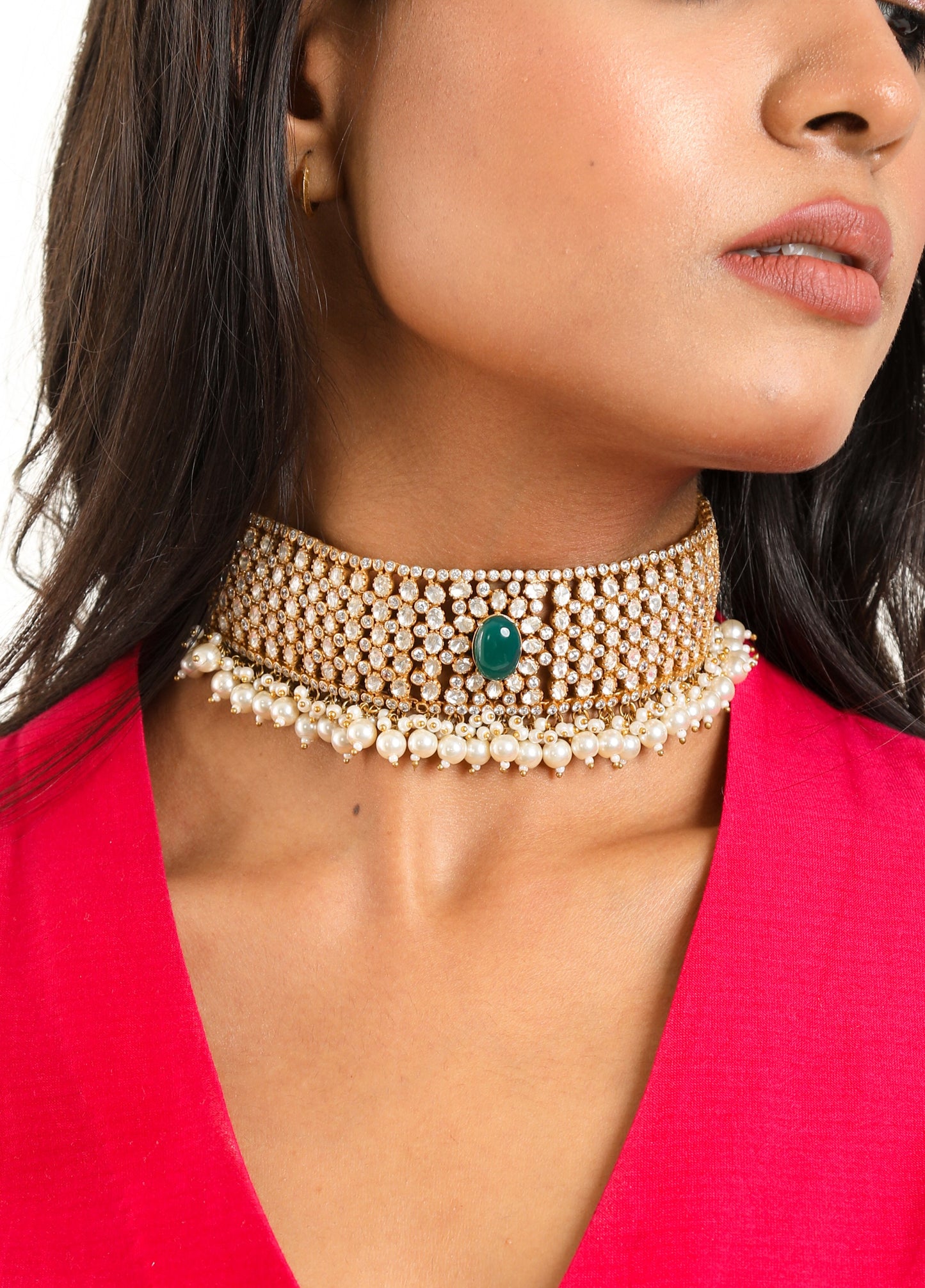 Silver Vellore Polki Choker with Green Oval Stone and Fresh Water Pearls.