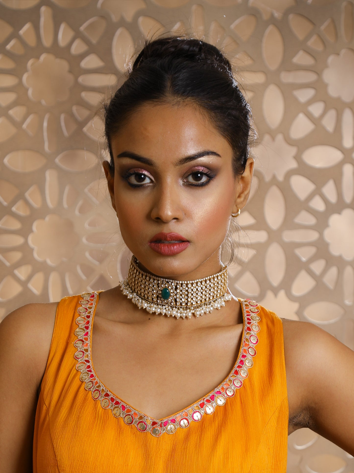 Silver Vellore Polki Choker with Green Oval Stone and Fresh Water Pearls.