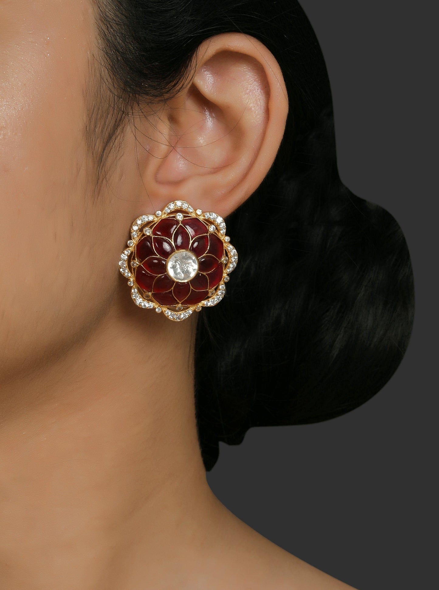 Featuring a pair of 18kt Gold plated Polki and Red Stone with Pearl Drops set in 92.5 Silver