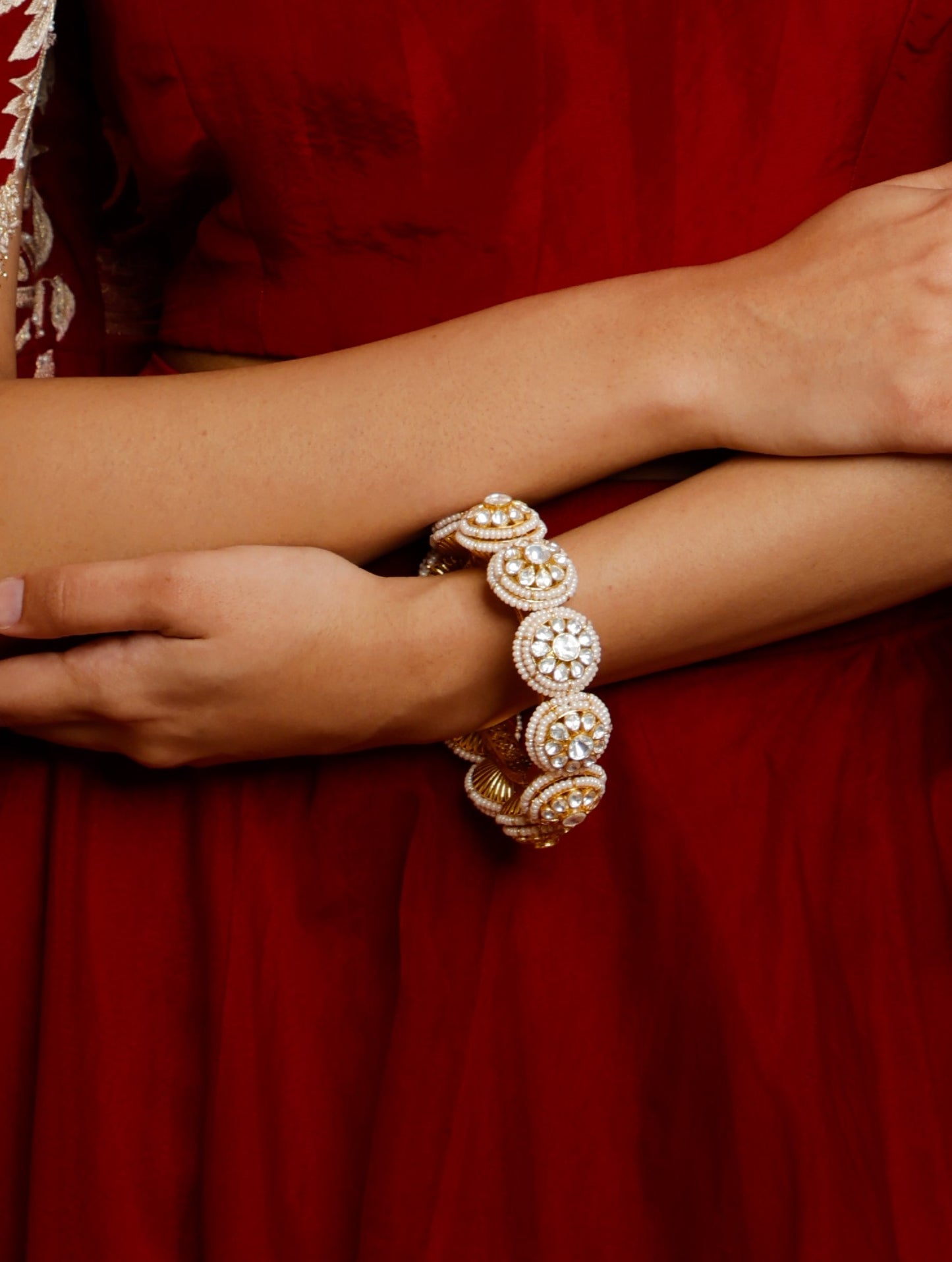 Silver Moissanite Polki Round Motif Kada Fresh Water Pearls.