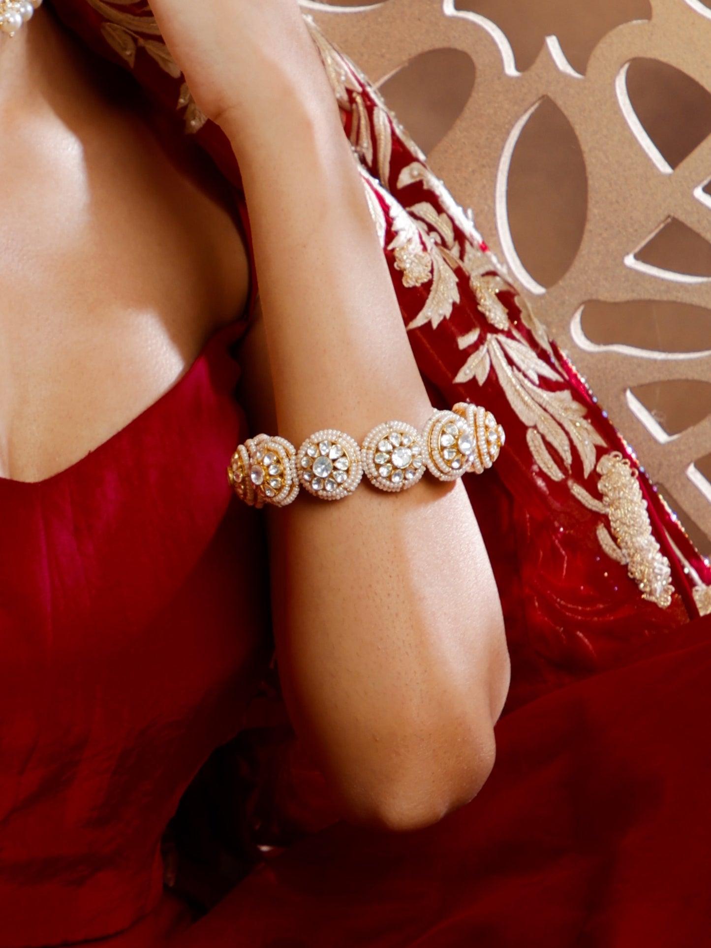 Silver Moissanite Polki Round Motif Kada Fresh Water Pearls.