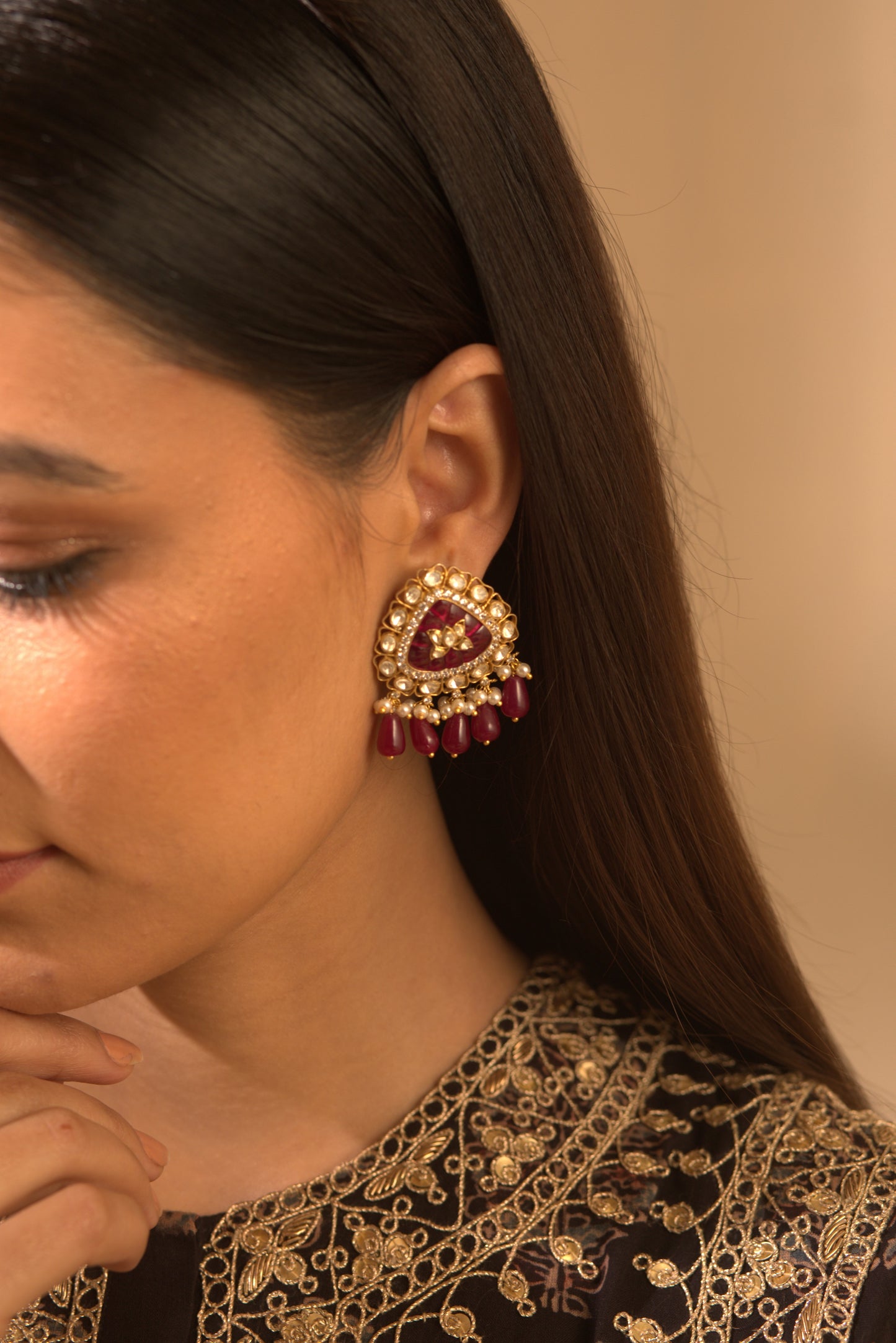 Gold Plated Ruby Trikon Studs