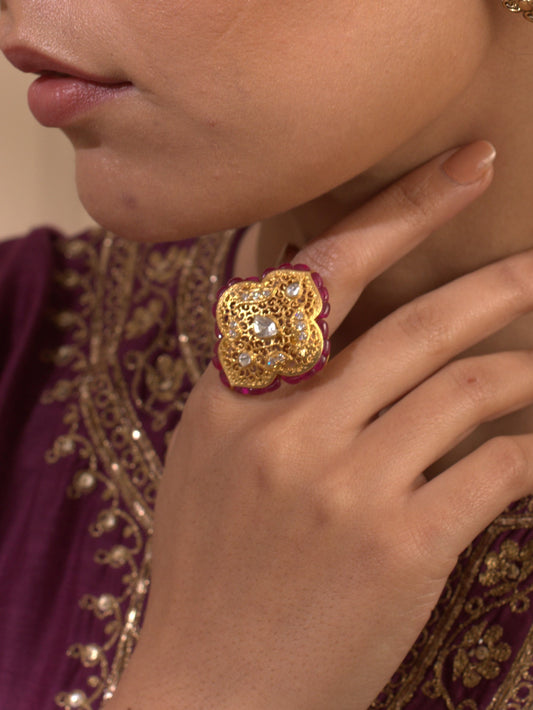 Gold plated jaali ring with red stones and polki set in 92.5 Silver