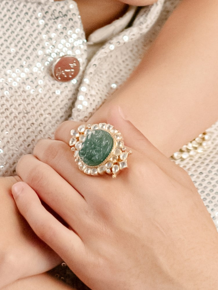 Vellore Polki Ring with Green Carved Stone set in 92.5 Silver by kaari