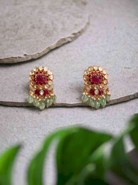 92.5 silver polki square motif red carved stone ear studs with red utrai lotus motif & green drops.
