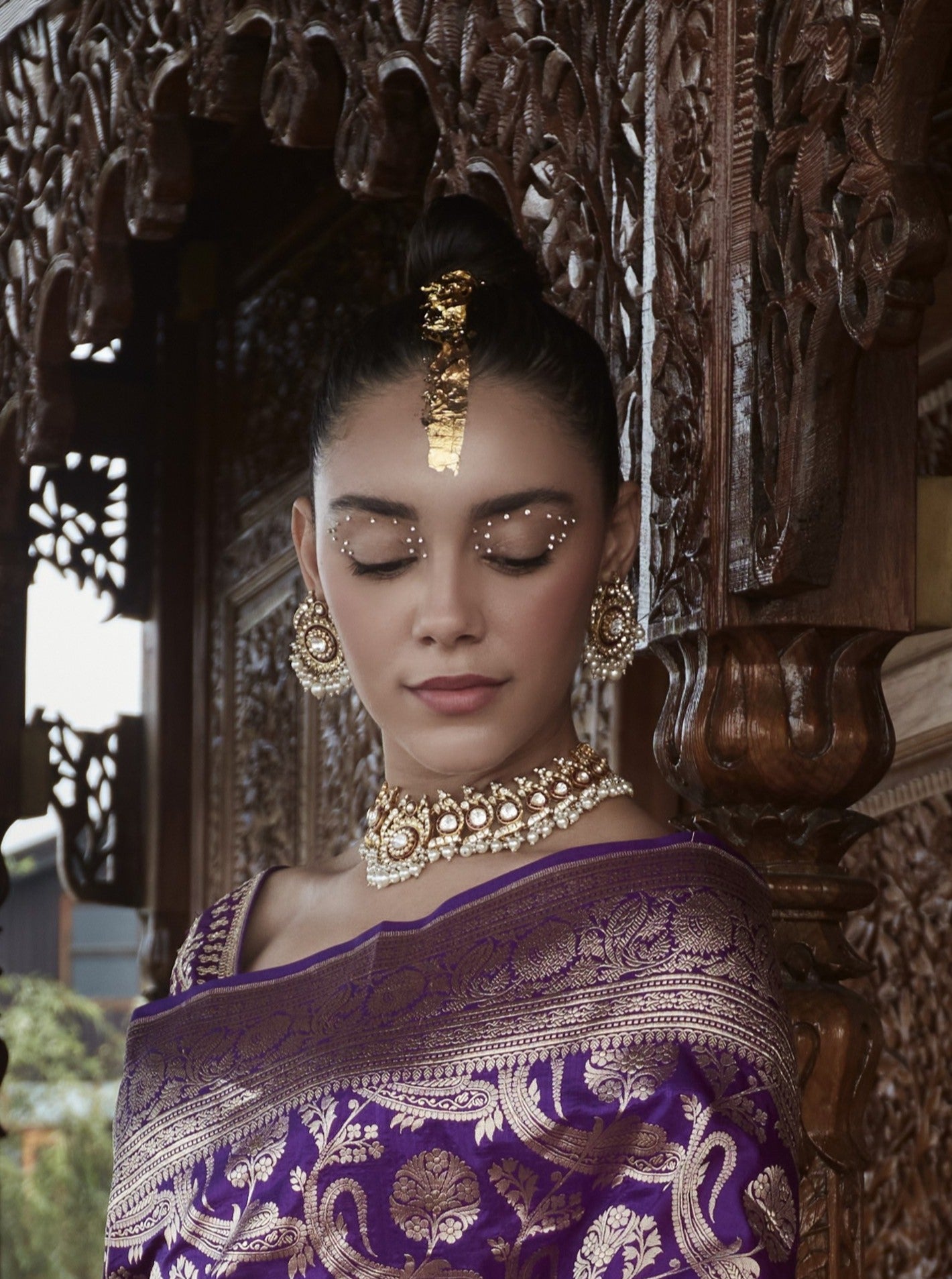 Gold Plated Silver Moissanite Polki & Dia Necklace Set With Red Utrai Bird Motif and Pearls Drops.