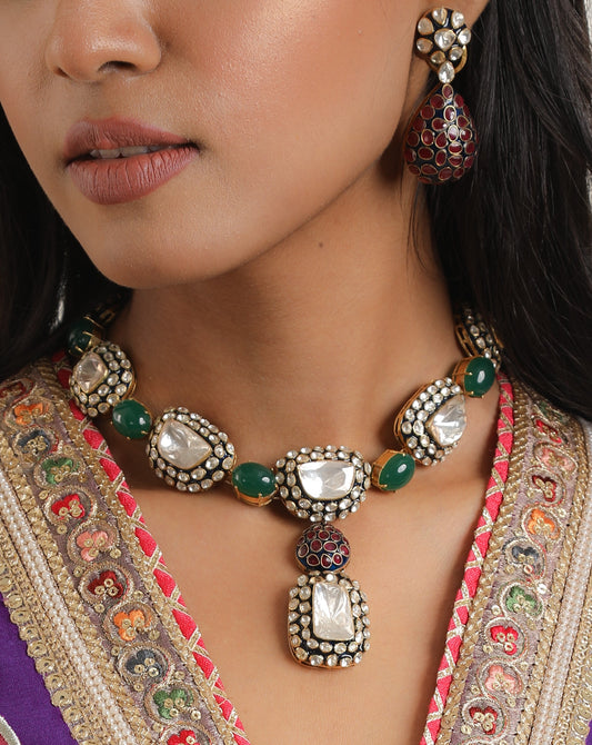Gold Plated Silver Moissanite Polki Blue Enamel Necklace Set with Red Utarai and Green Pota Stones