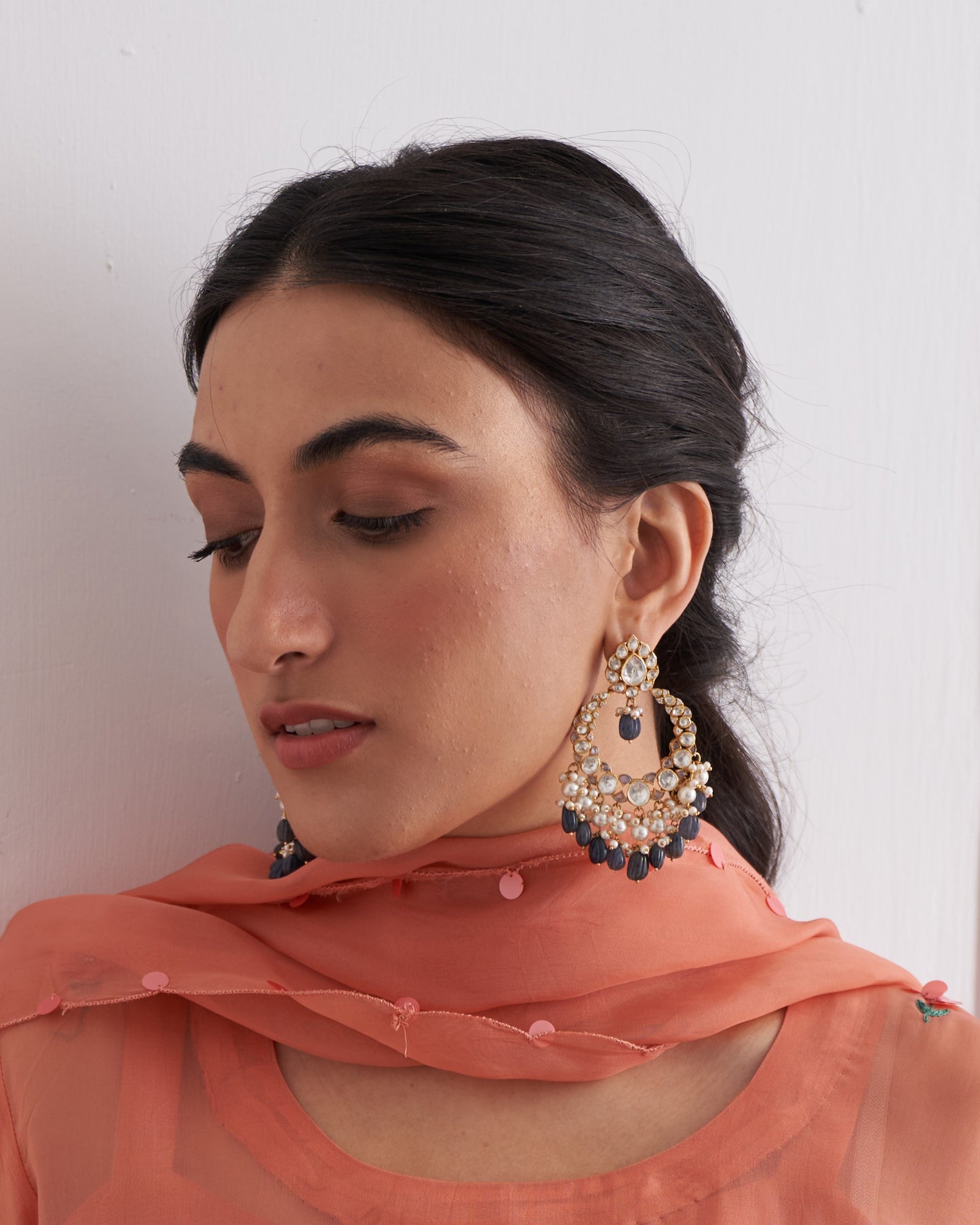 gold Plated Vellore Polki Chaandbali Earring with Pearls and Tanzanite