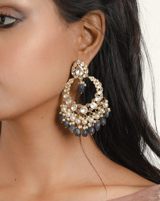 gold Plated Vellore Polki Chaandbali Earring with Pearls and Tanzanite