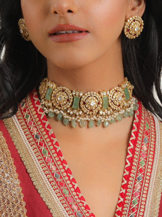 Gold Plated Silver Vellore Polki Choker Set With Red Utarai And Green Drops