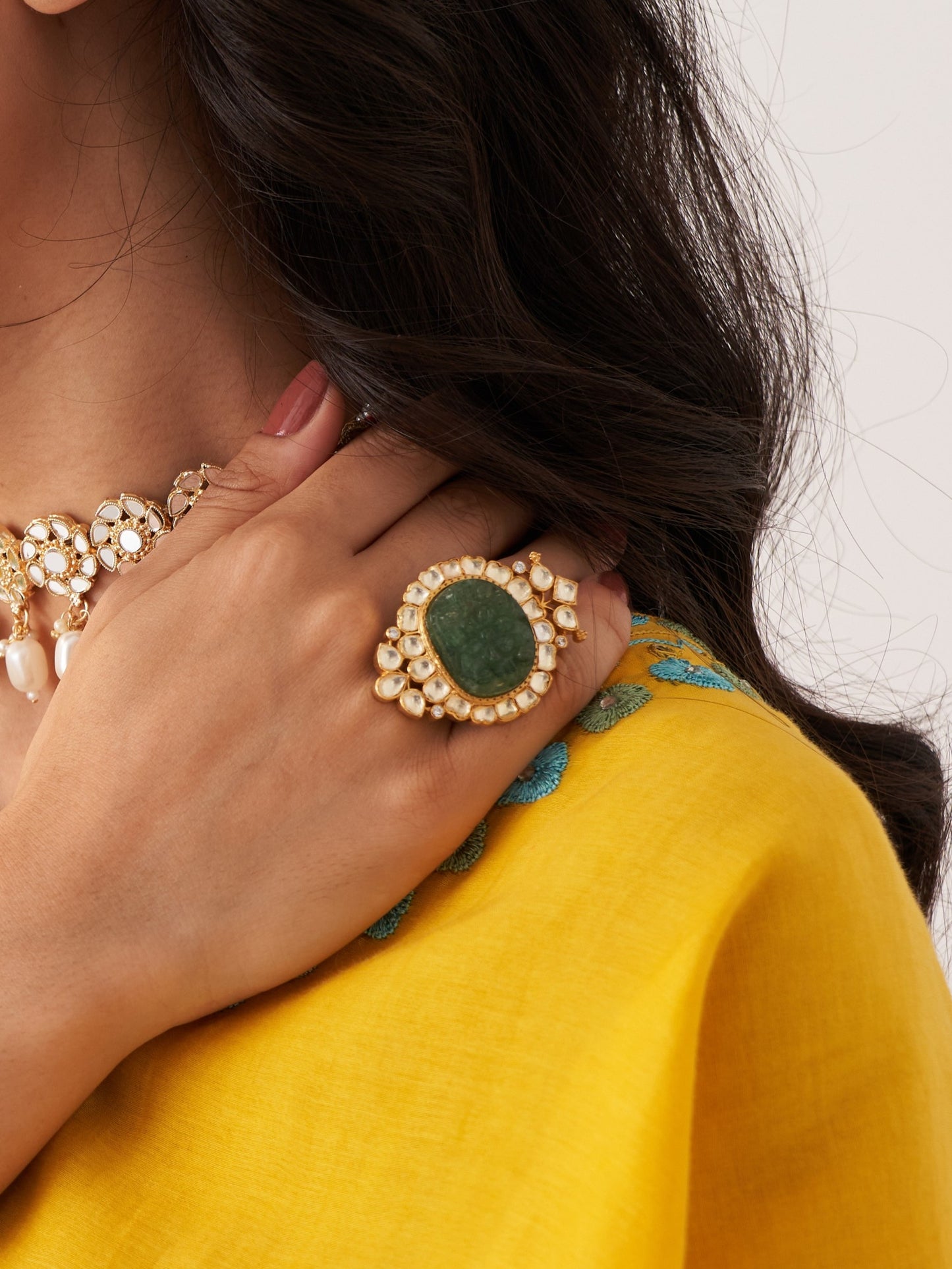 Vellore Polki Ring with Green Carved Stone set in 92.5 Silver by kaari