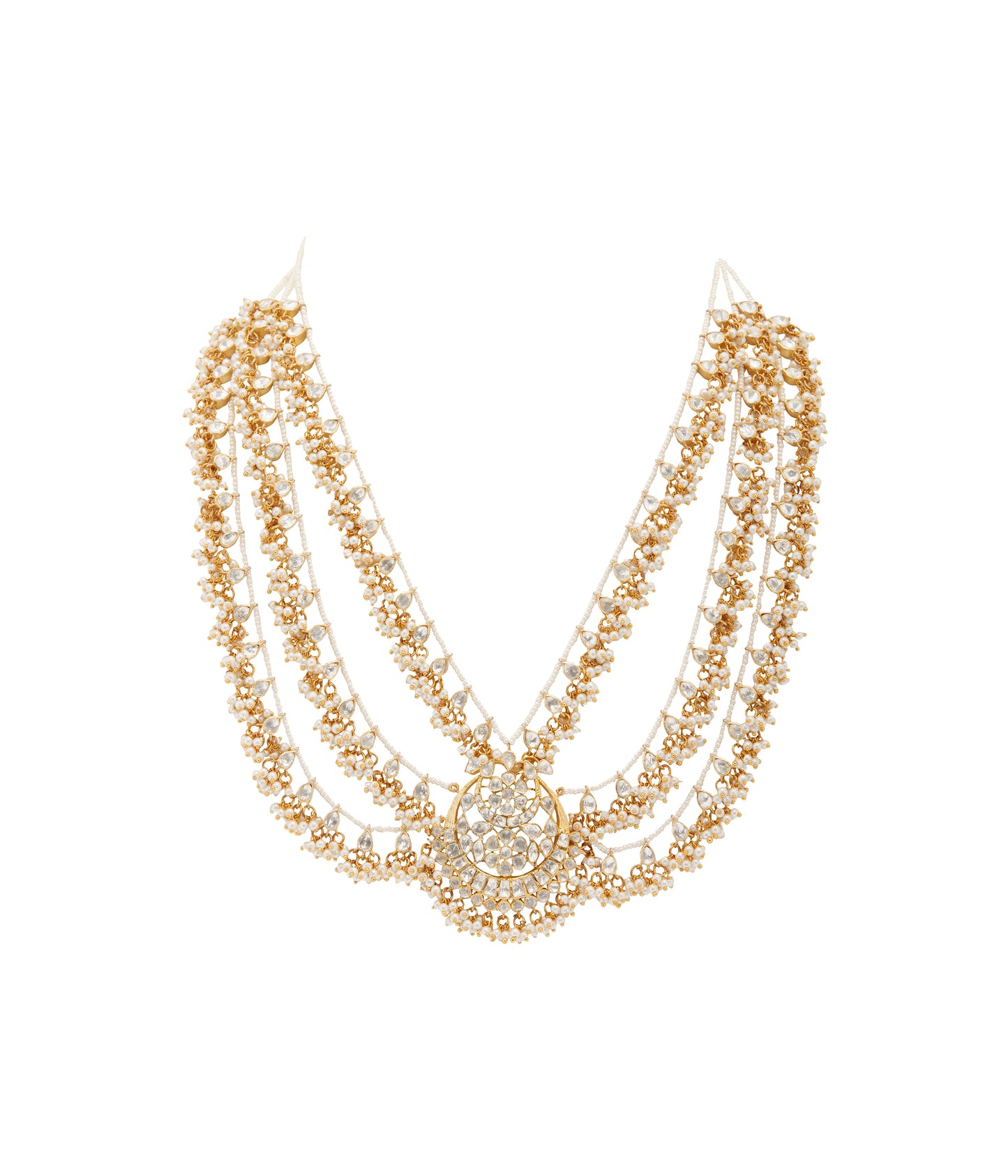 18kt Gold Plated Silver Vellore Polki Triple Layer Necklace with Fresh Water Pearls.