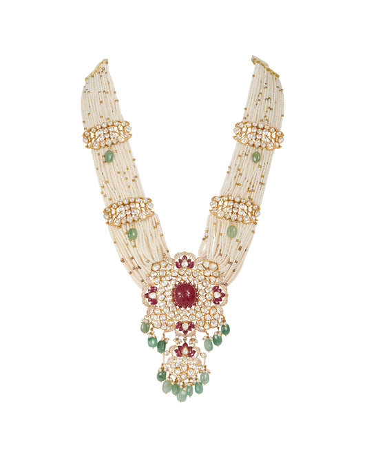 Silver Vellore Polki Long Haar with Red Carved Square Stone & Red Utrai and Green Drops
