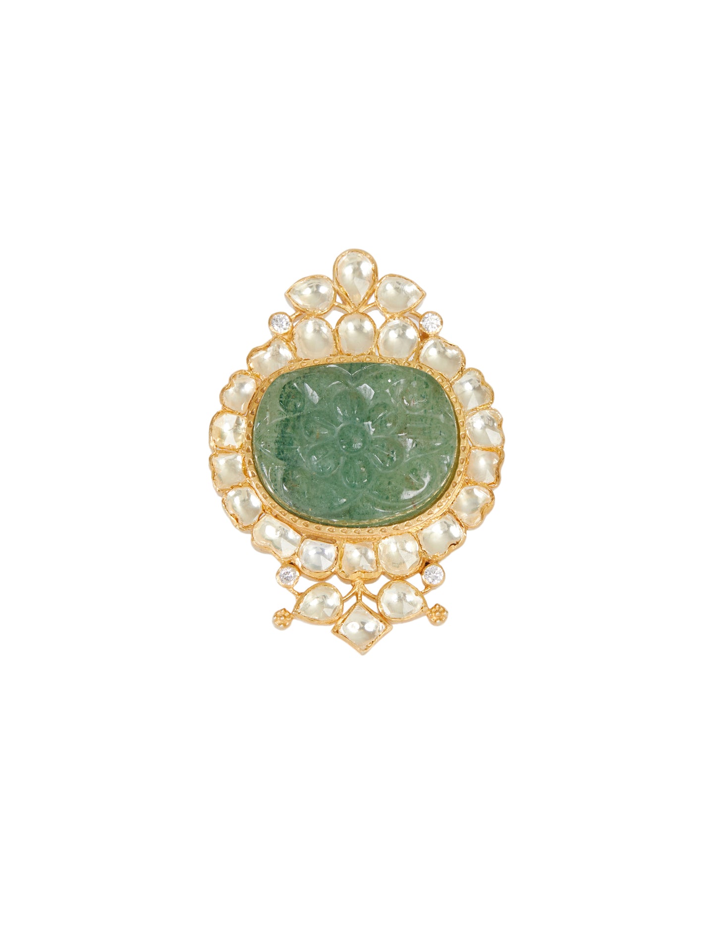 Vellore Polki Ring with Green Carved Stone set in 92.5 Silver by kaari