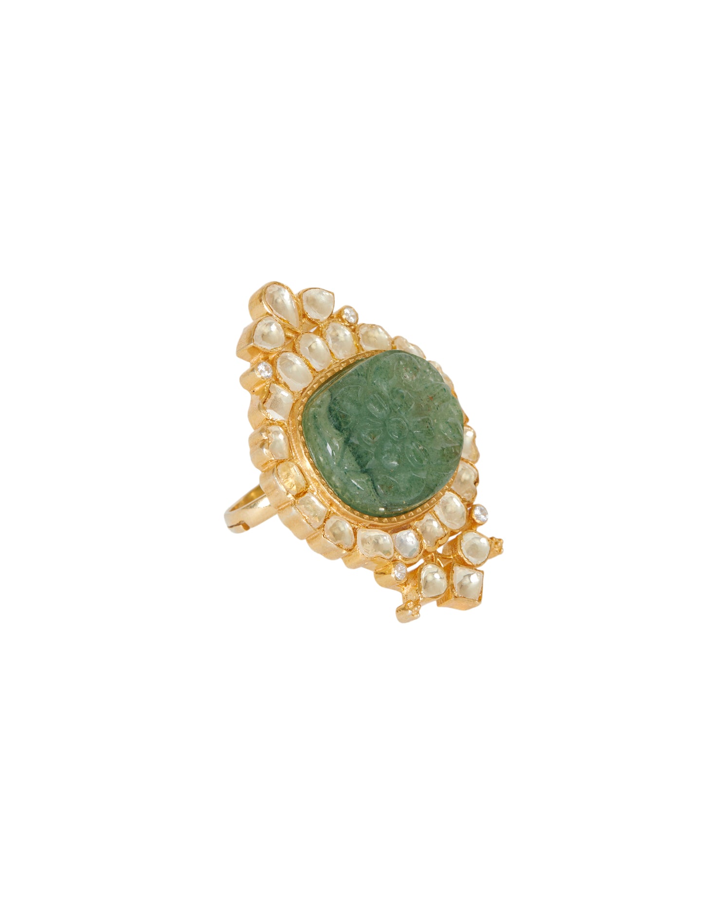 Vellore Polki Ring with Green Carved Stone set in 92.5 Silver by kaari
