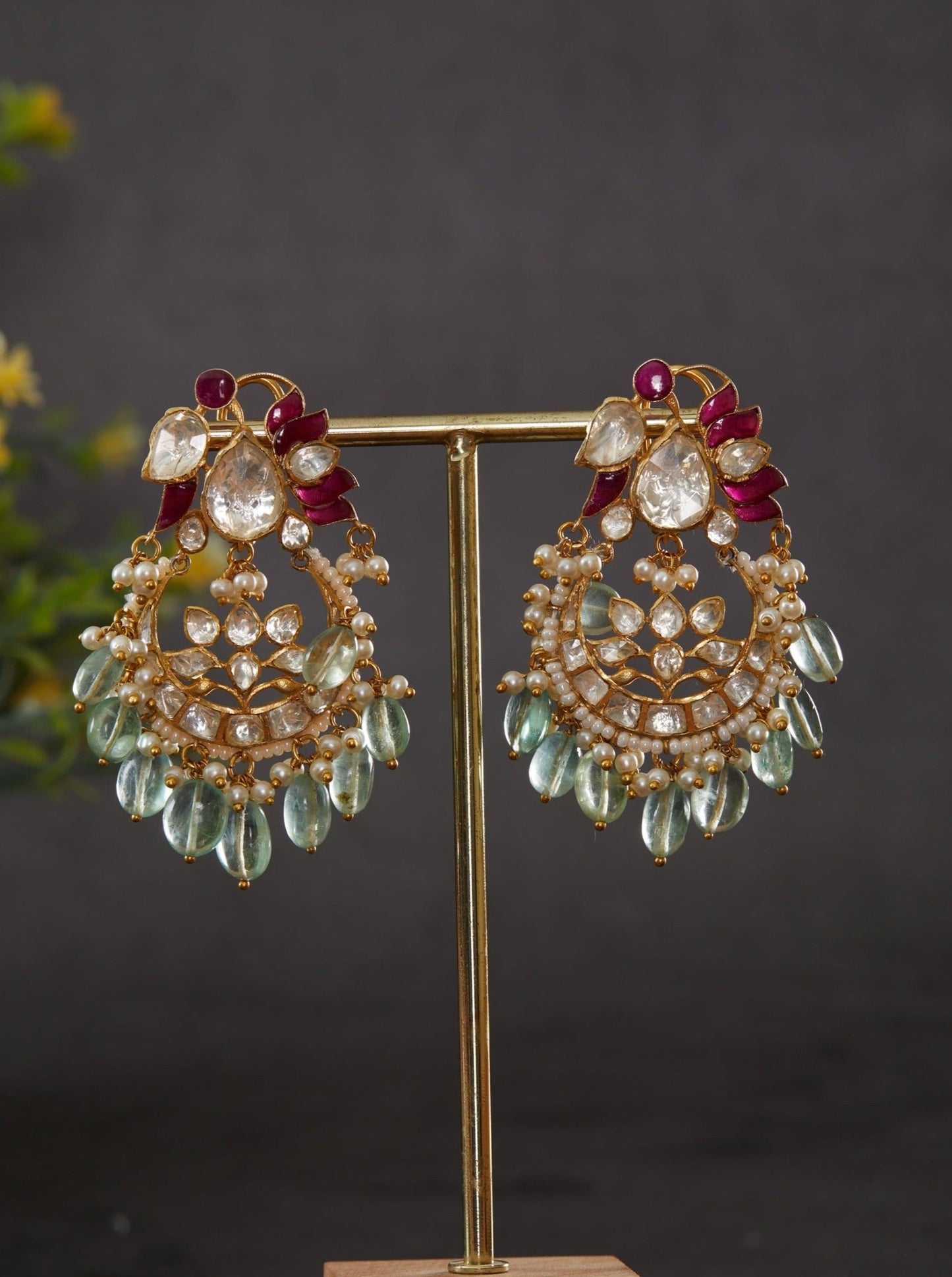 Vellore polki bird motif Chaandbali earring with red utrai and green drops & fresh water pearls.