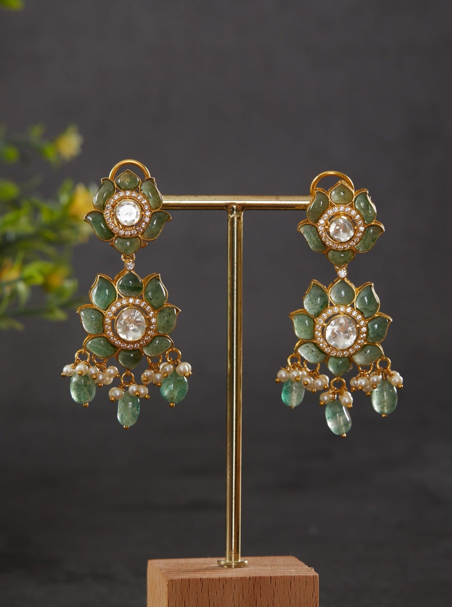 Vellore polki lotus motif dangler earring with green utrai & fresh water pearls & green drops by kaari