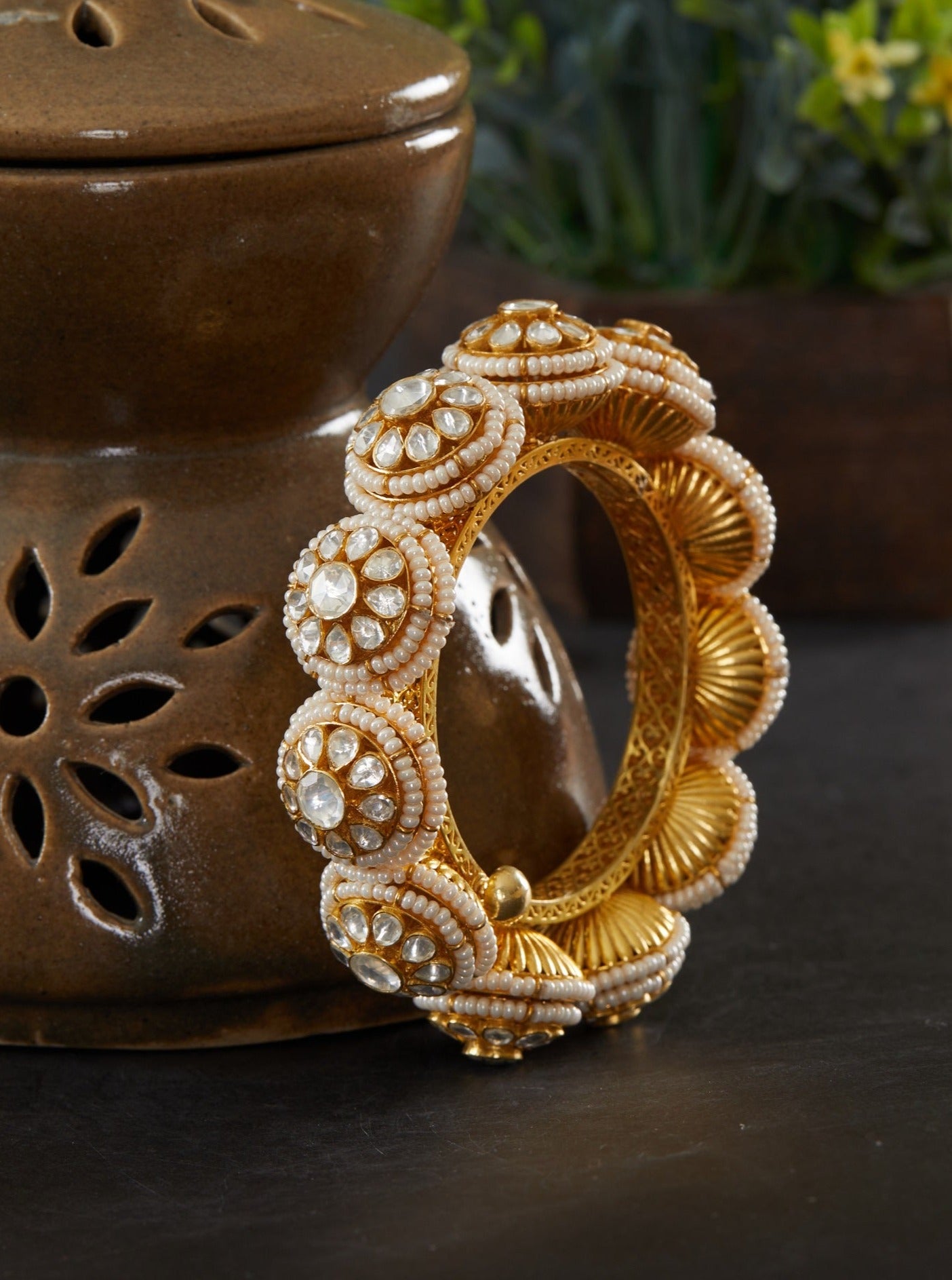 Silver Moissanite Polki Round Motif Kada Fresh Water Pearls.