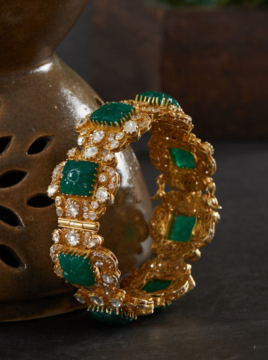 Silver Moissanite Polki Squarish Motif Kada with Green Carved Stone.