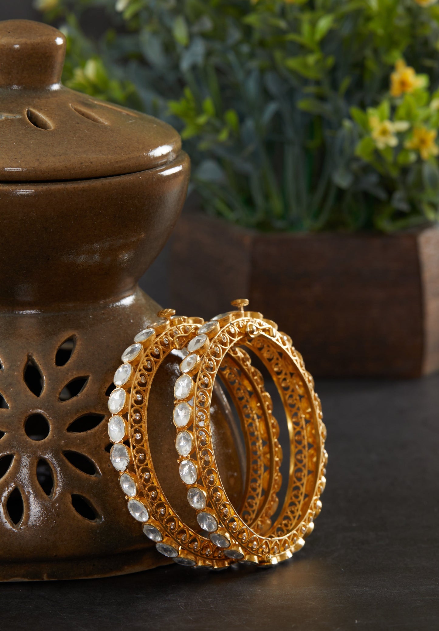 Silver Moissanite Polki Kada Pair with Heart Motif Jaali.