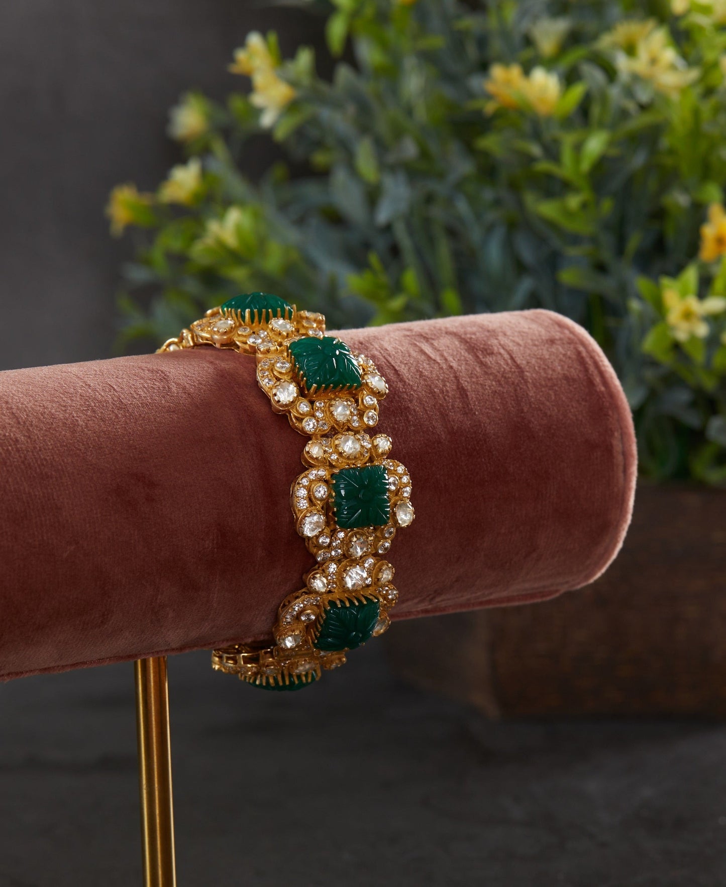 Silver Moissanite Polki Squarish Motif Kada with Green Carved Stone.