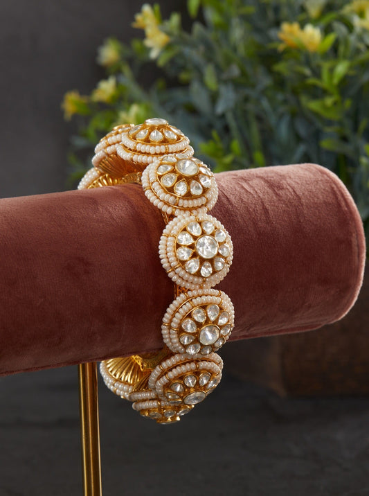 Silver Moissanite Polki Round Motif Kada Fresh Water Pearls.