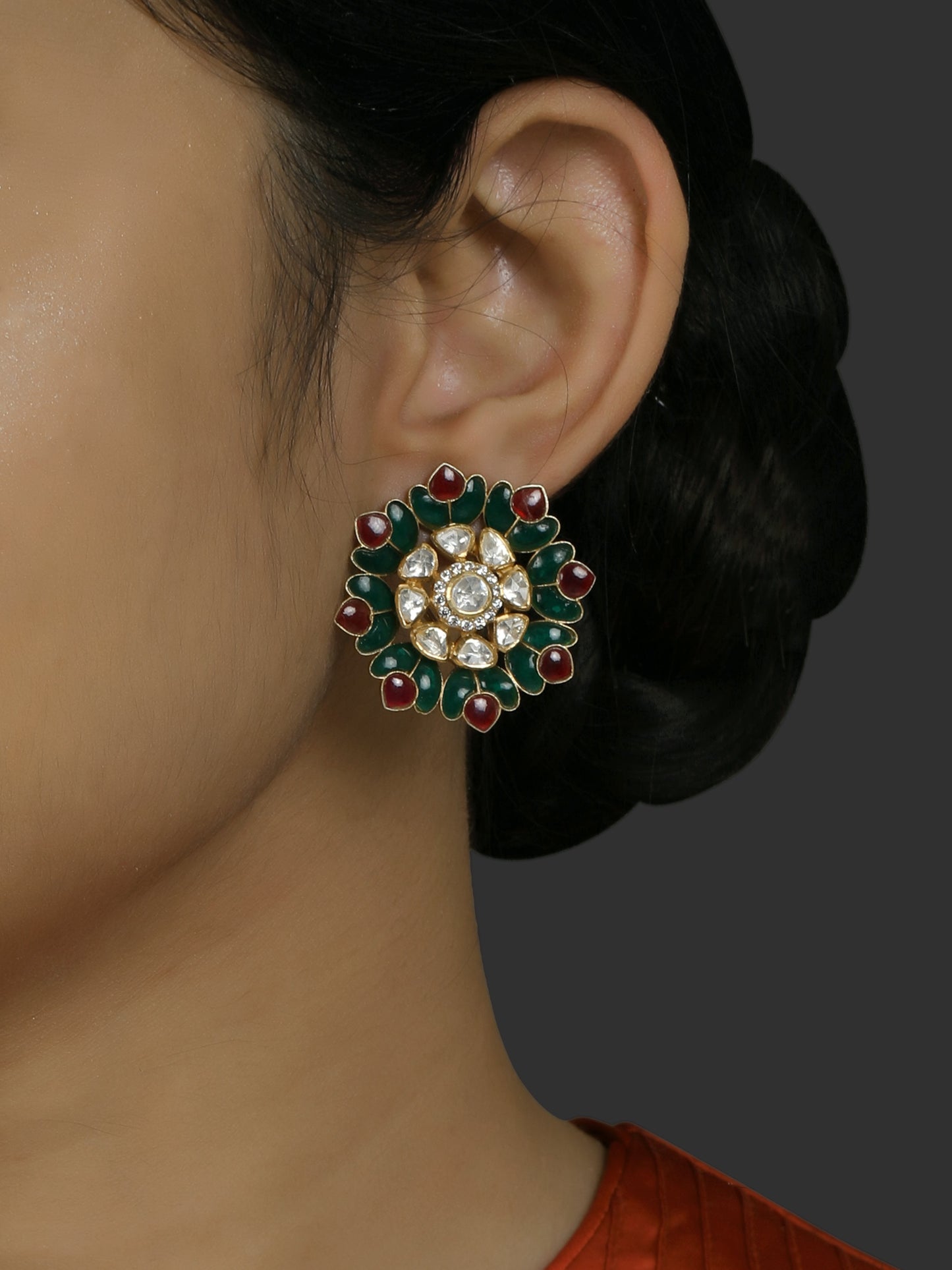 Green & Red Leafy Utrai Floral Studs