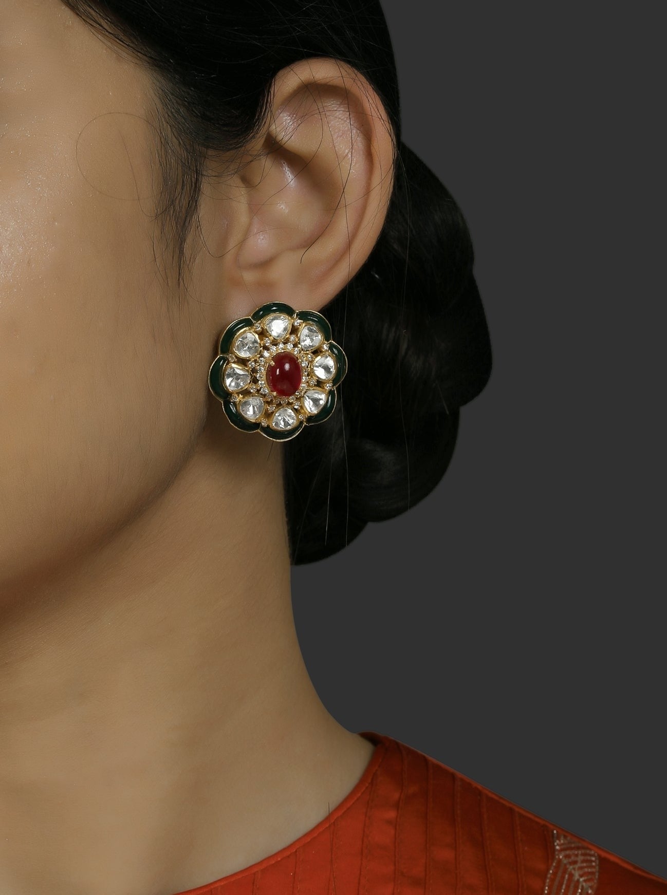 Emerald Polki Floral Motif Studs