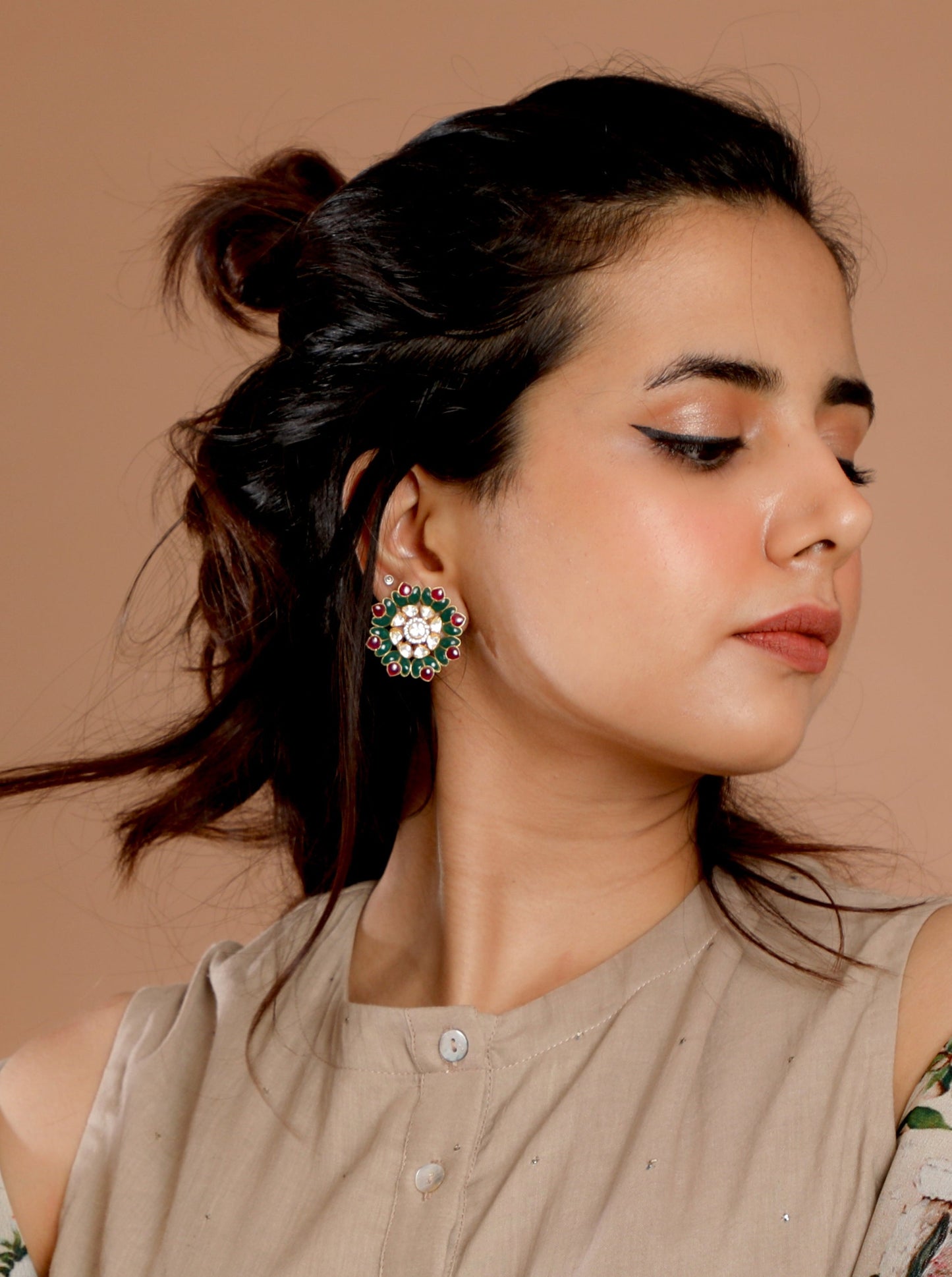 Green & Red Leafy Utrai Floral Studs