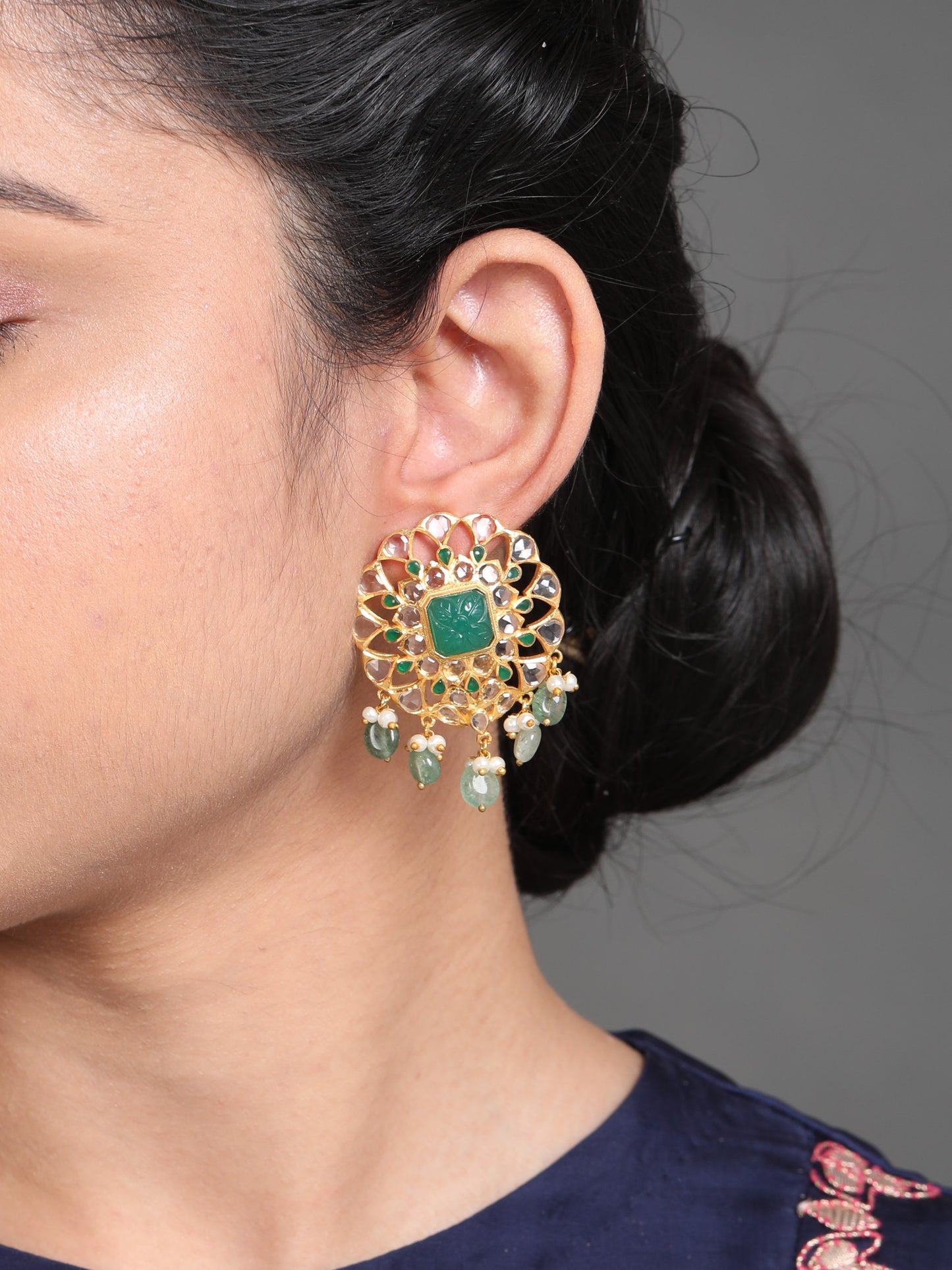 Green Carved Stone Open Set Studs