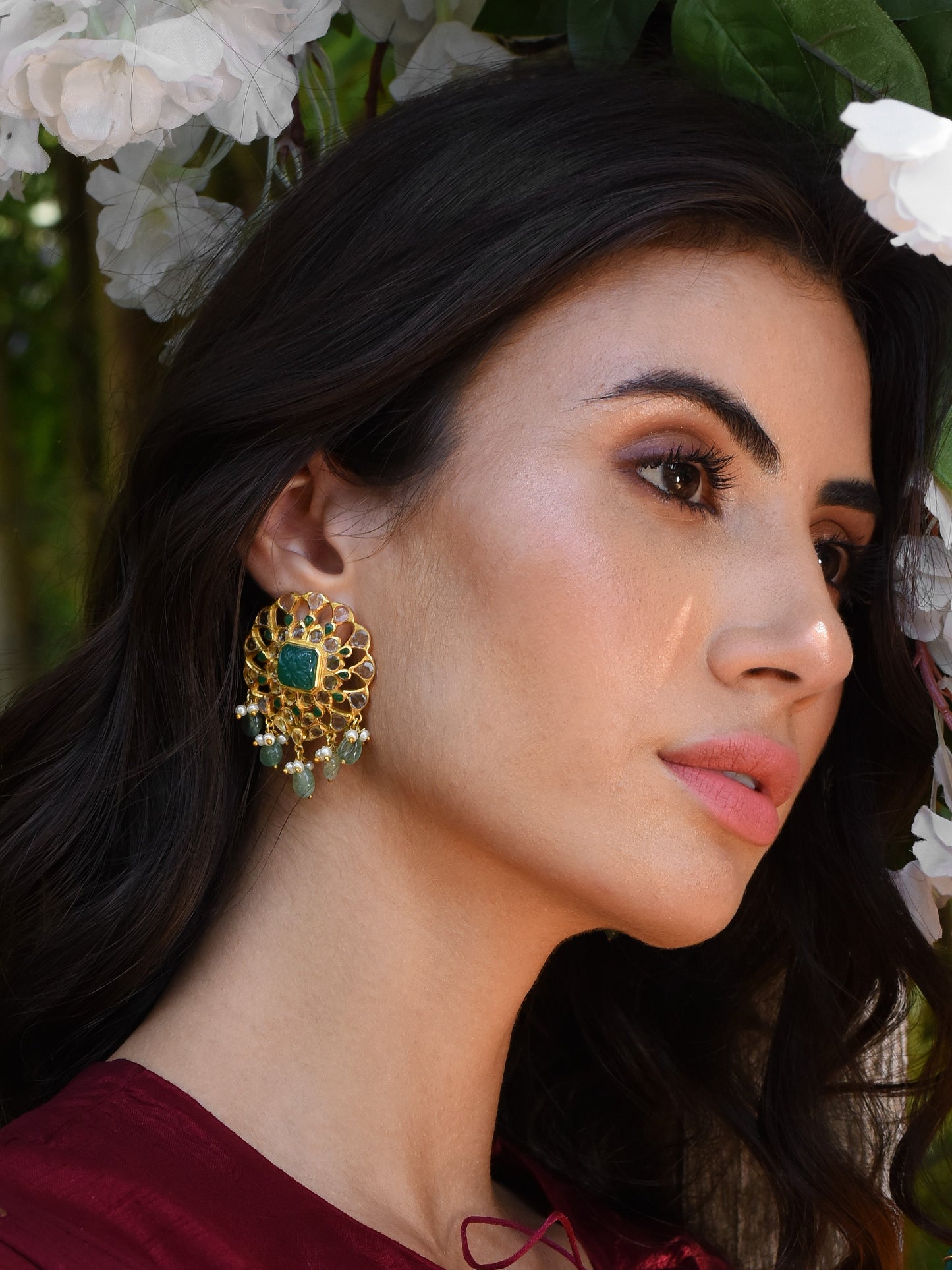 Green Carved Stone Open Set Studs