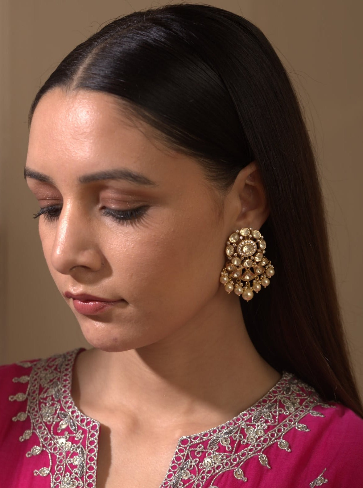 Gold Plated Polki & Pearls Earrings