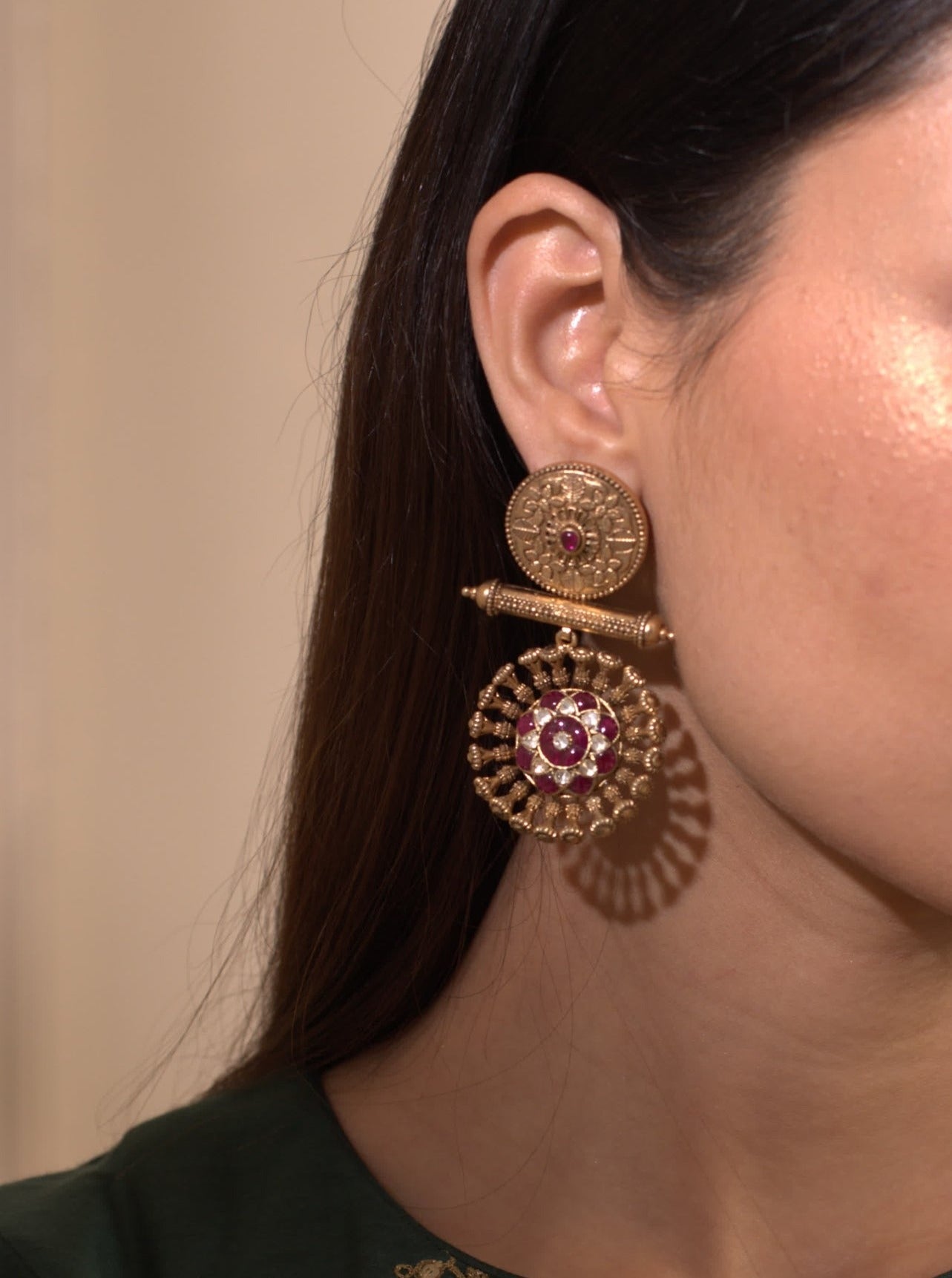 Gold Plated Ruby Dangler Earrings