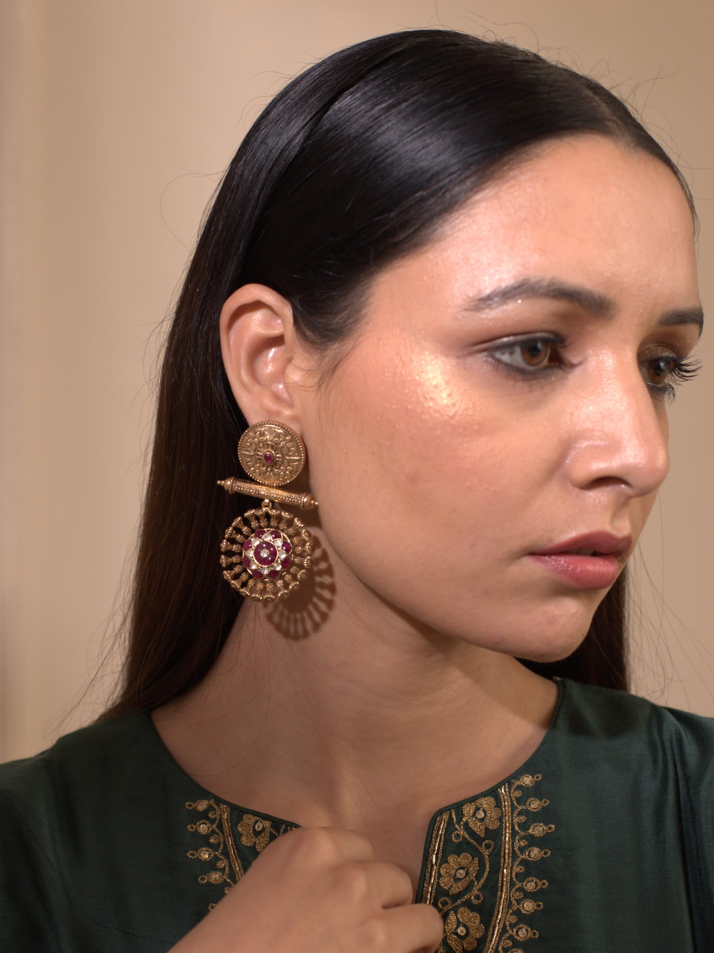 Gold Plated Ruby Dangler Earrings