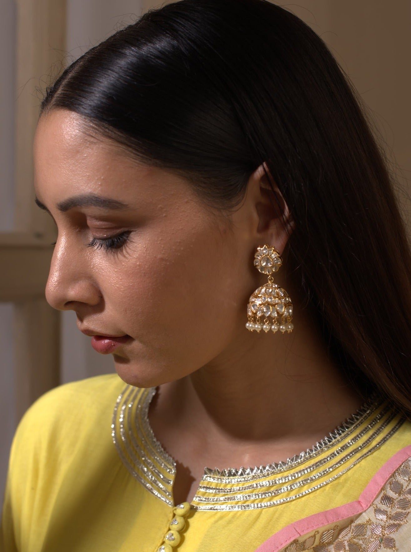 Gold Plated Pearls & Polki Jhumkis
