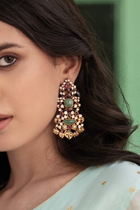 vellore polki & green/red stone utrai along with fresh water pearl drops set in 92.5 Silver