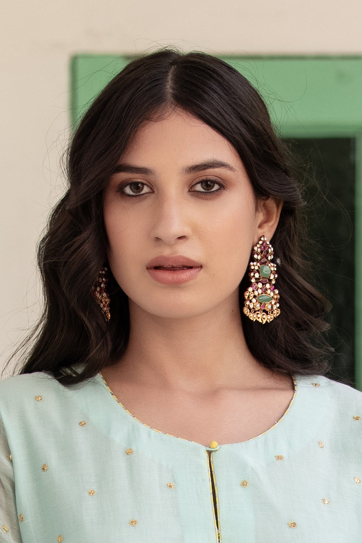 vellore polki & green/red stone utrai along with fresh water pearl drops set in 92.5 Silver