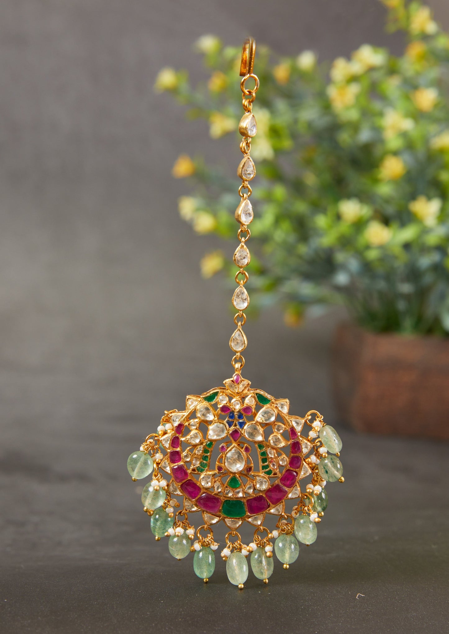 92.5 silver Polki & Multicolor utarai chaand motif maangteeka with Pearls & Green Drops.