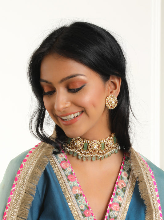 Gold Plated Silver Vellore Polki Choker Set With Red Utarai And Green  Drops  
