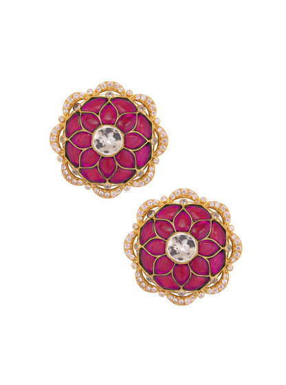 Featuring a pair of 18kt Gold plated Polki and Red Stone with Pearl Drops set in 92.5 Silver 