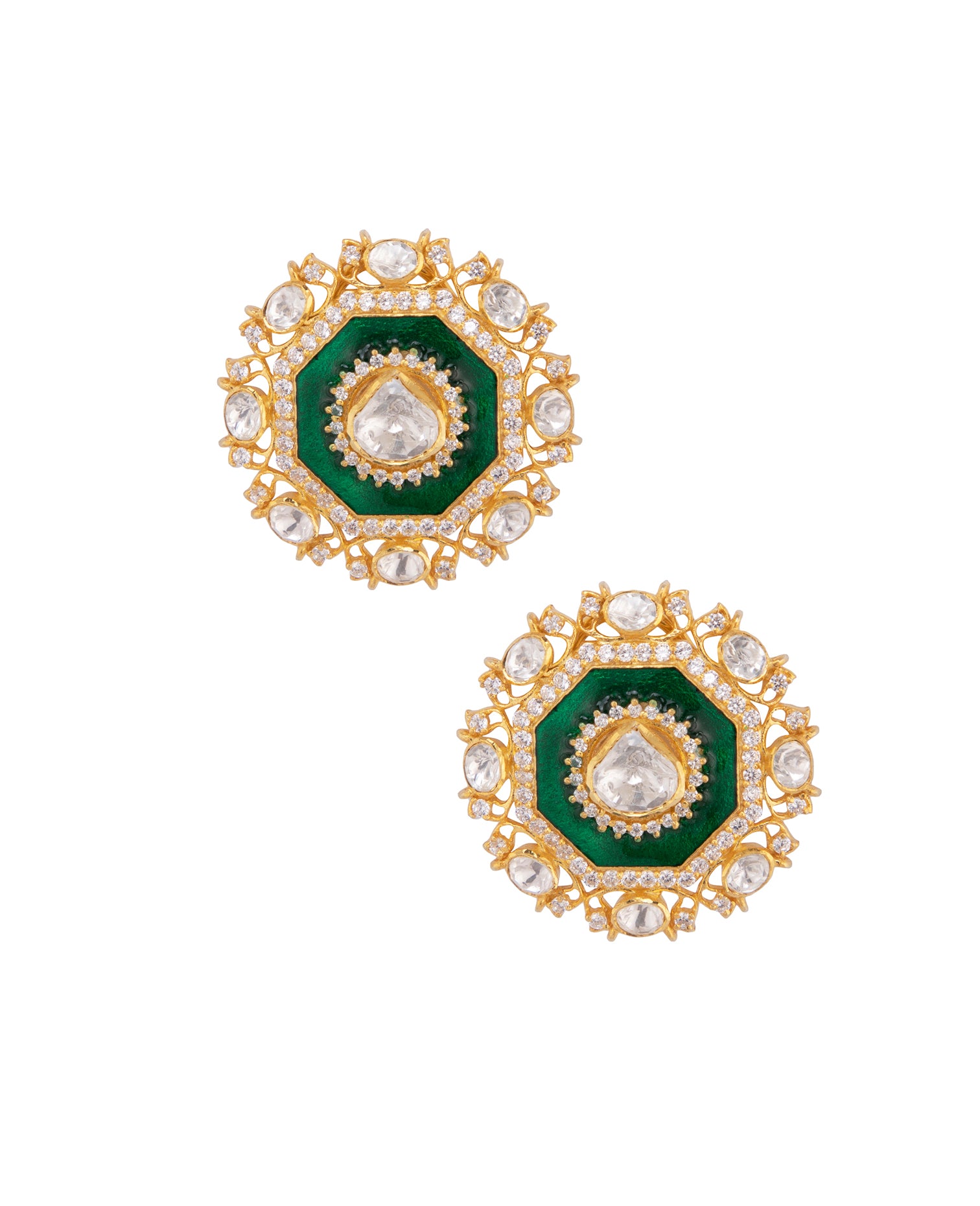 Featuring a pair of 18kt Gold plated studs with uncut polki and green enamel border with diamonds set in 92.5 Silver.   