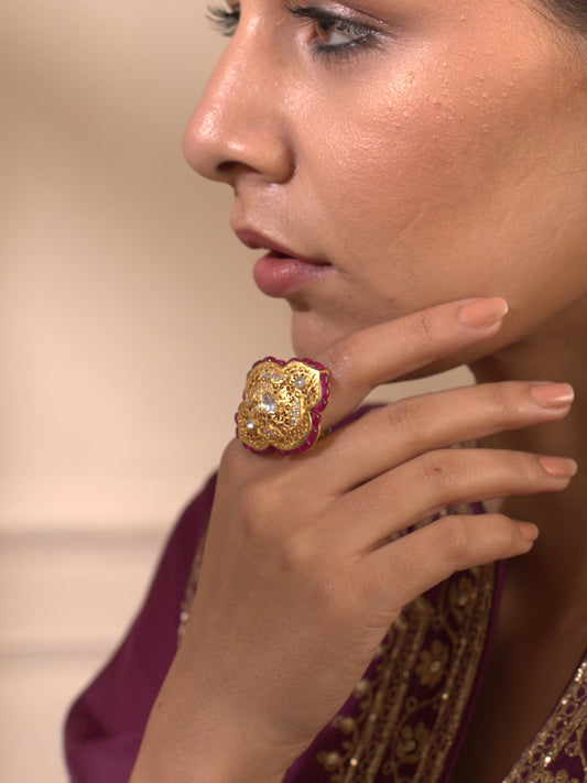 Gold plated jaali ring with red stones and polki set in 92.5 Silver 