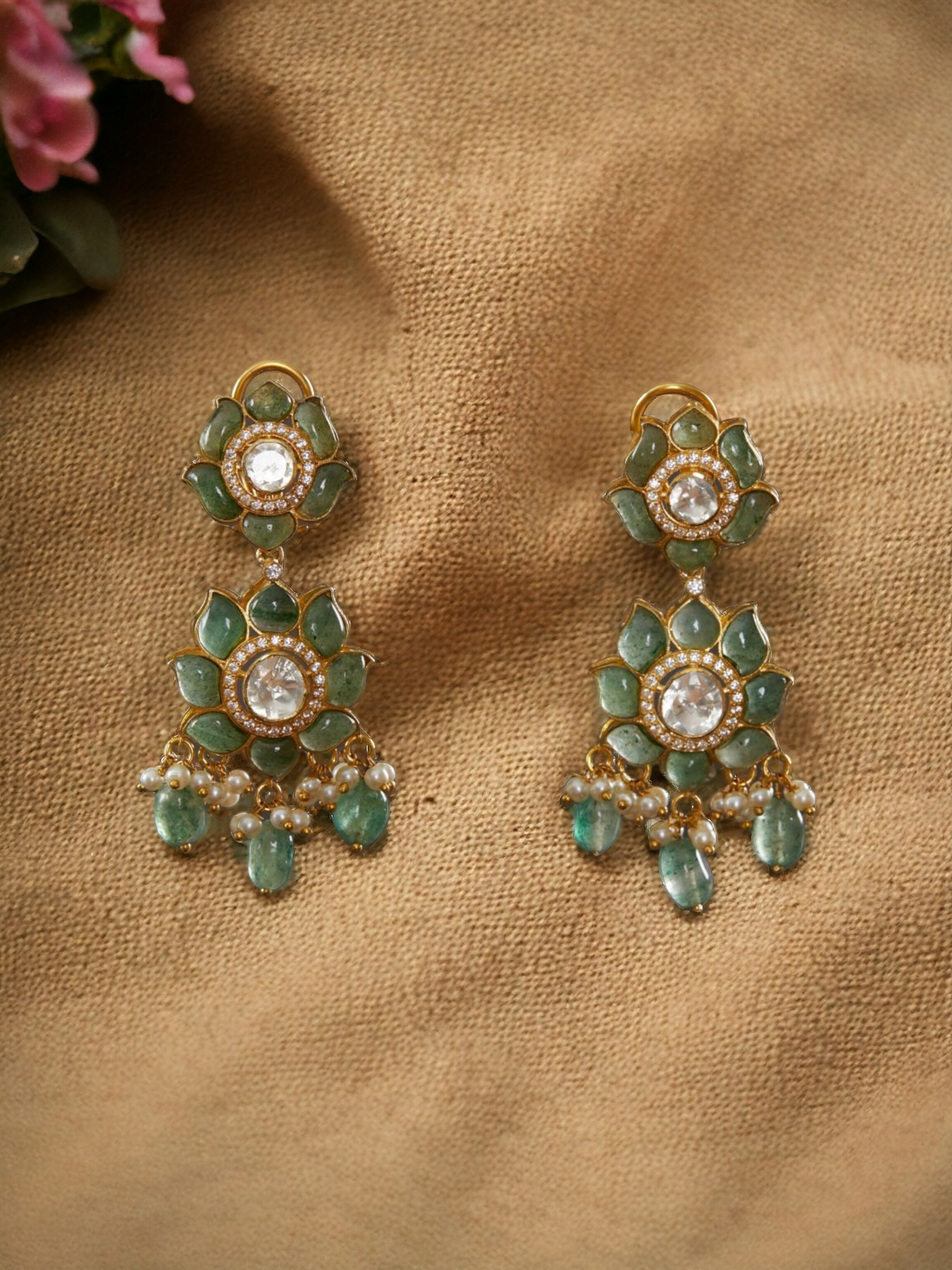 Vellore polki lotus motif dangler earring with green utrai & fresh water pearls & green drops by kaari