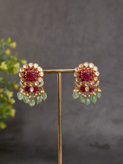 92.5 silver polki square motif red carved stone ear studs with red utrai lotus motif & green drops.