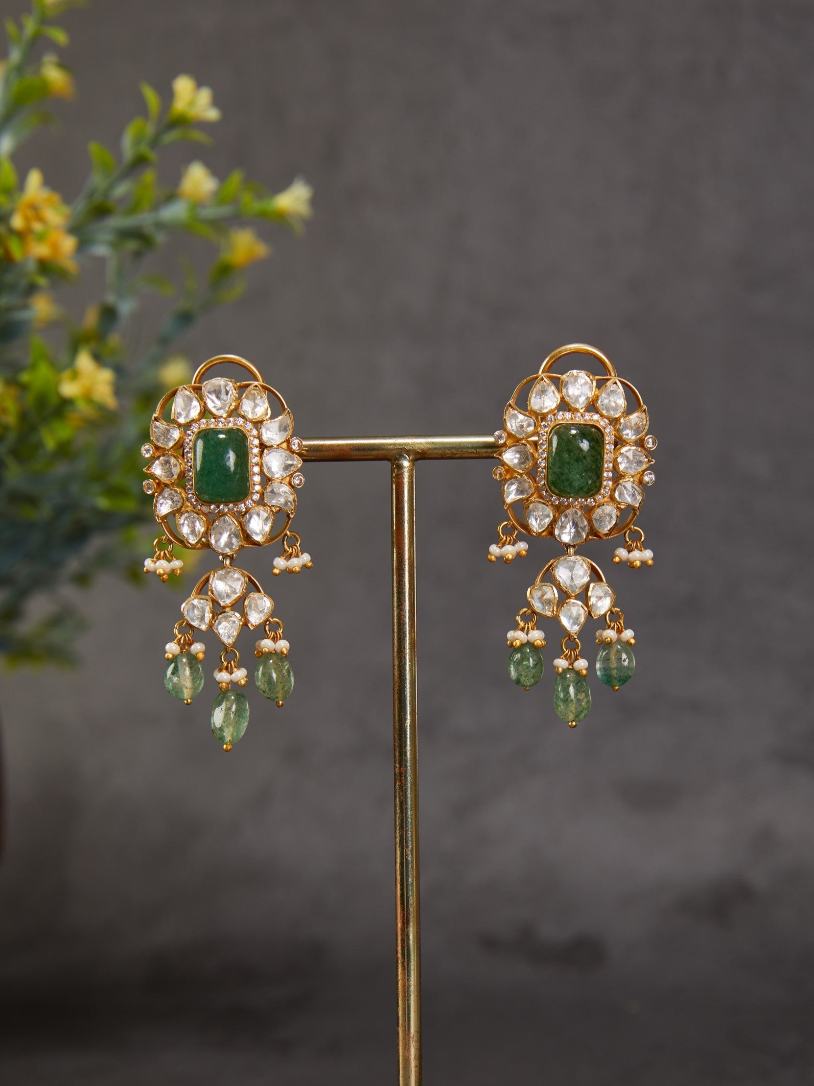 92.5 silver Vellore Polki and squarish motif dangler earring with green pota & drops and fresh water pearls.