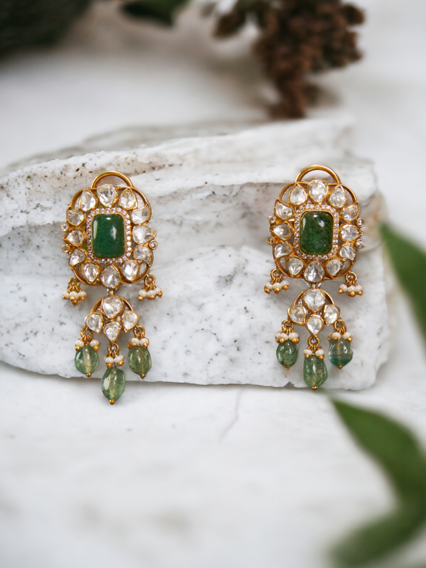 92.5 silver Vellore Polki and squarish motif dangler earring with green pota & drops and fresh water pearls.