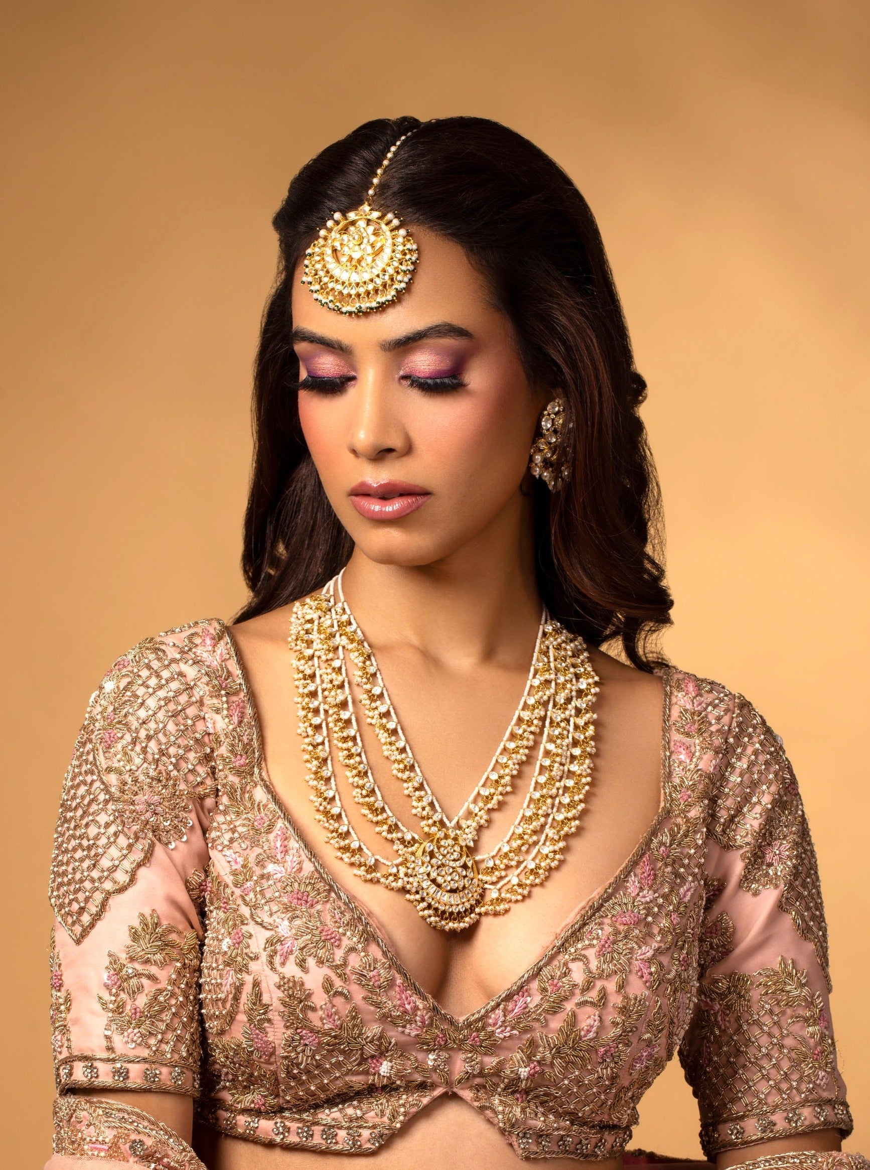 18kt Gold Plated Silver Vellore Polki Triple Layer  Necklace  with Fresh Water Pearls. 