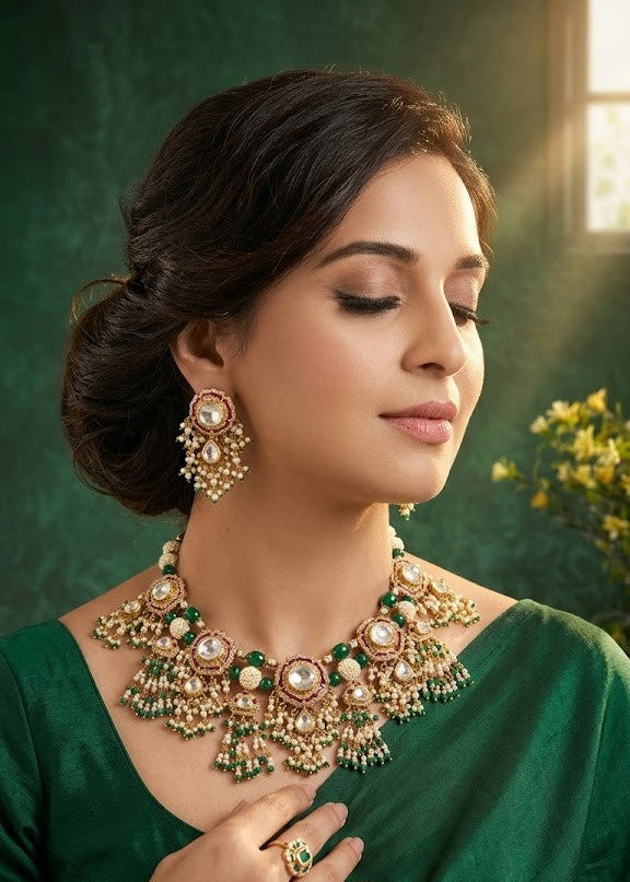 Woman wearing a green saree with gold jewelry against a green background