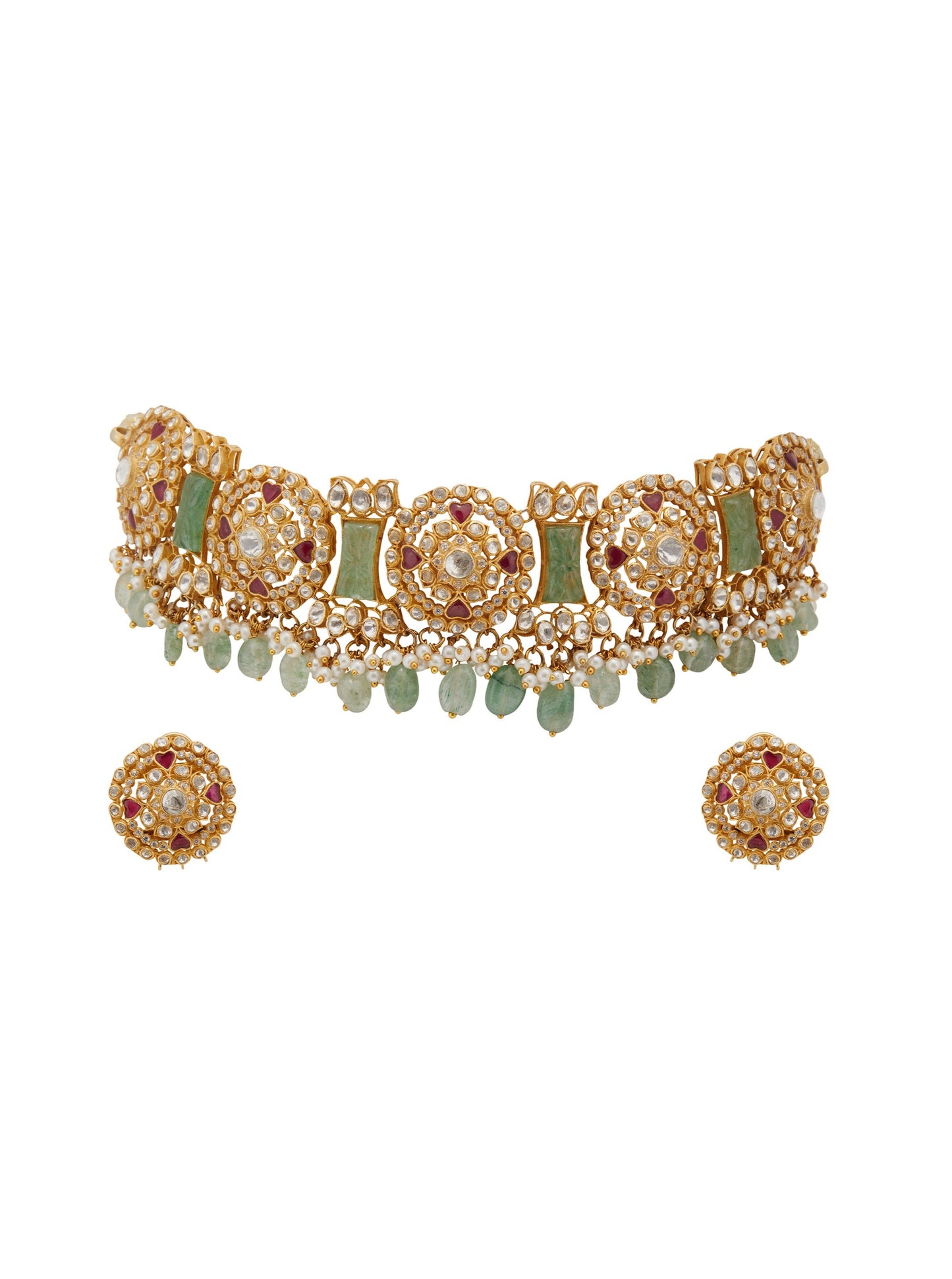 Gold Plated Silver Vellore Polki Choker Set With Red Utarai And Green Drops