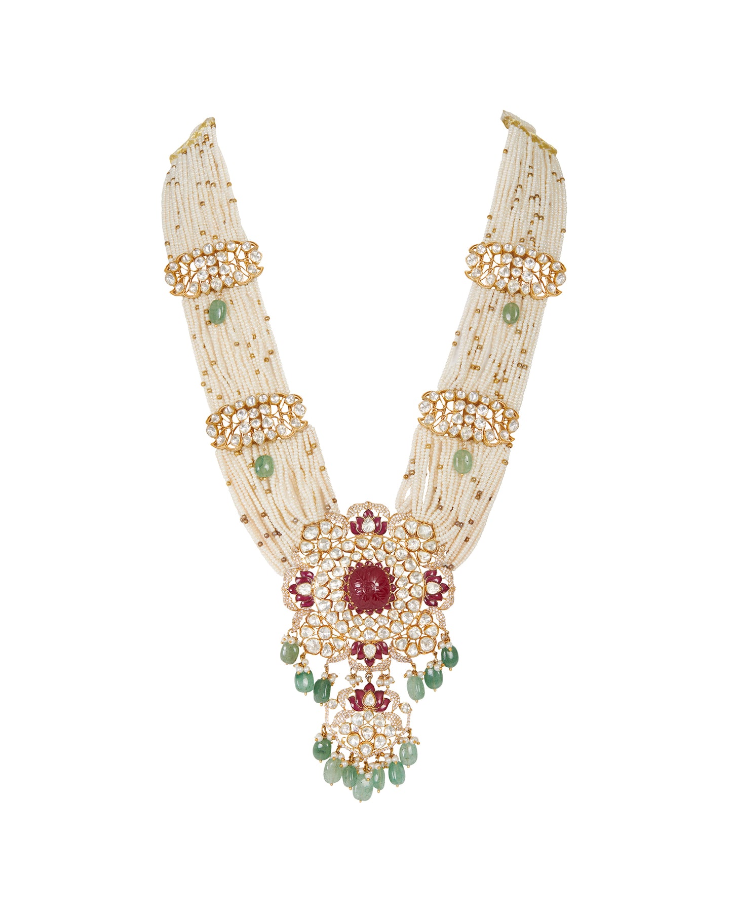 Silver Vellore Polki Long Haar with Red Carved Square Stone & Red Utrai and Green Drops